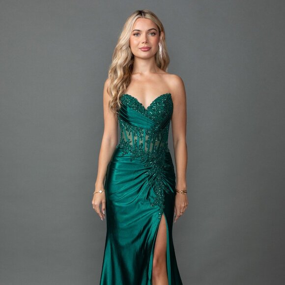 New Beaded Maxi Evening Satin Dress w/ Lace Up Back & Sexy Leg Slit DQ 4560 - Picture 3 of 8